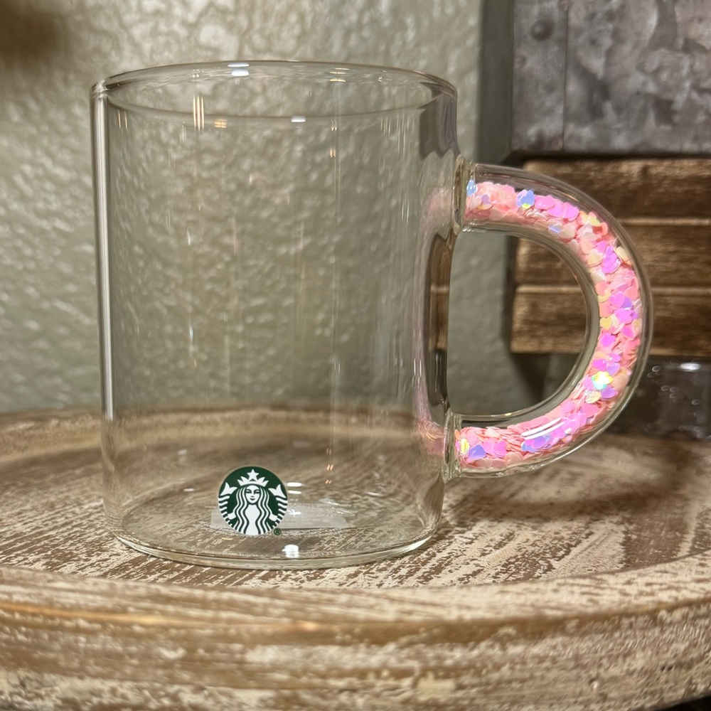 Starbucks 2022 Valentine's Mug Heart Confetti Handle Clear Glass Cup